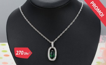 Collier de luxe en plaqué platine avec cristal vert  et cristaux d’Autriche